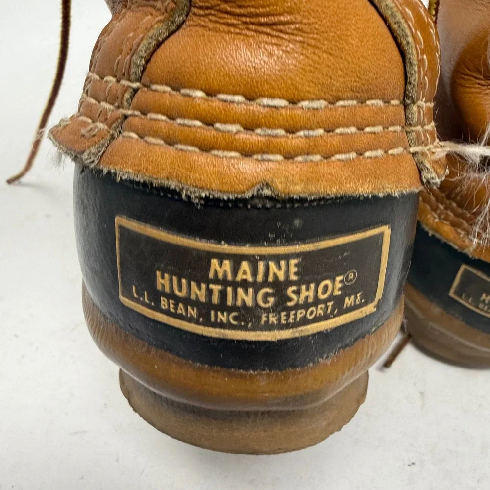 VTG LL Bean Maine Hunting Shoe Womens 7 Duck Boots Tan Leather Rubber USA Made